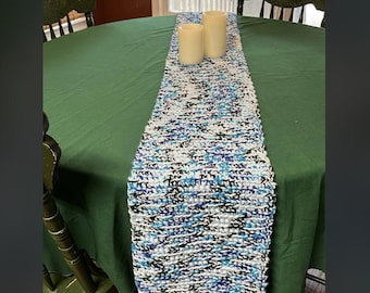 Handmade Blue Black & White Table Runner Made With Acrylic Yarn