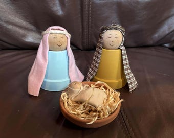 Handmade Flower Pot Nativity Set Mary Joseph & Baby Jesus Scene Craft Christmas Decoration Decor Holidays