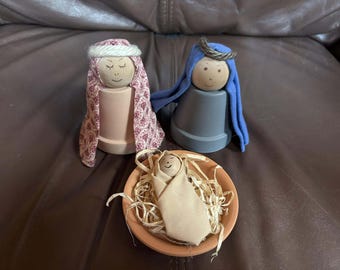 Handmade Flower Pot Nativity Set Mary Joseph & Baby Jesus Scene Craft Christmas Decoration Decor Holidays