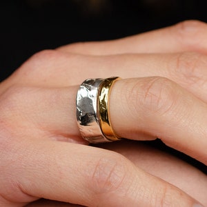 Eternal Flame - Personalised Wax Carved Textured Wide Flat Band Ring - Sterling Silver - Yellow Gold