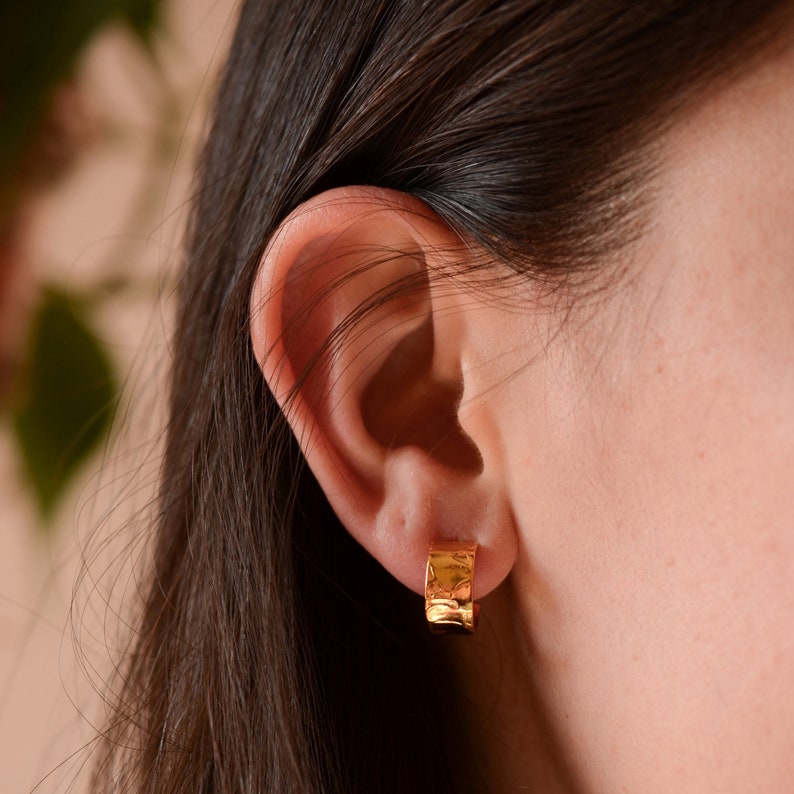 Eternal Flame Wax Carved Huggies Minimal Textured Wide Hoop Earring Sterling Silver Gold image 7