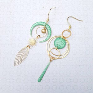 Pastel green asymmetrical earrings, hand painted, handmade jewelry, long earrings image 8