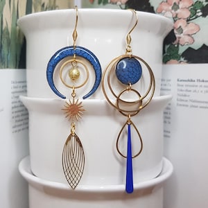 Blue asymmetrical earrings, hand-painted, handmade jewelry, gift for women