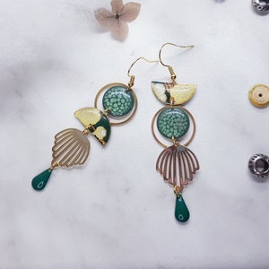 Asymmetrical earrings "Bucolic Beauty", washi paper, handmade jewelry, Christmas gift for women, Japanese jewelry, painting