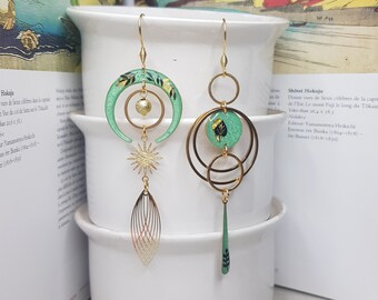 Pastel green asymmetrical earrings, hand painted, handmade jewelry, long earrings, women's gift, unique jewelry