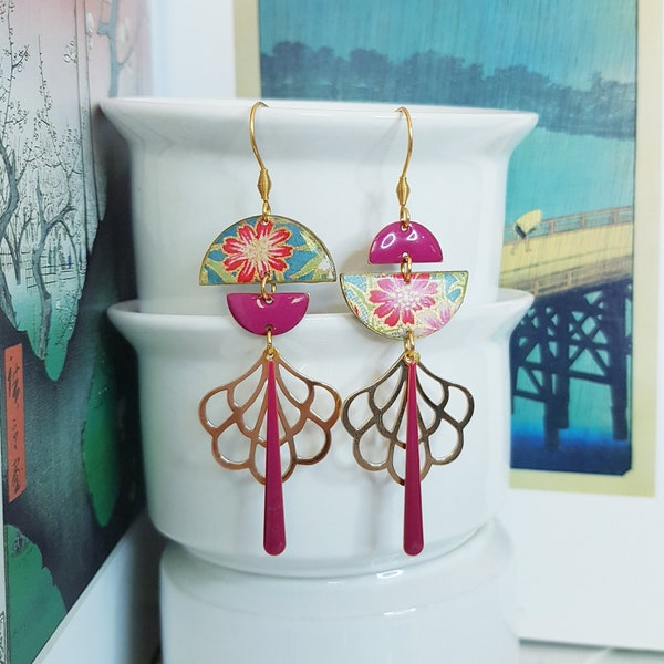 Boucles d'oreilles asymétriques "Miss Masami ", papier japonais, bijou fait main, cadeau femme, papier japon, bijoux japonisant