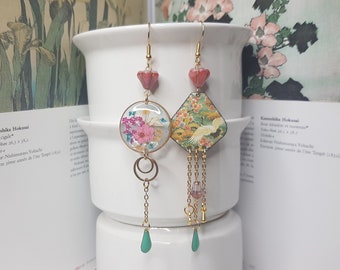 "Majestic Crane" asymmetrical earrings, handcrafted enamel and dried flowers, OOAK earrings, handmade jewel, Christmas woman gift