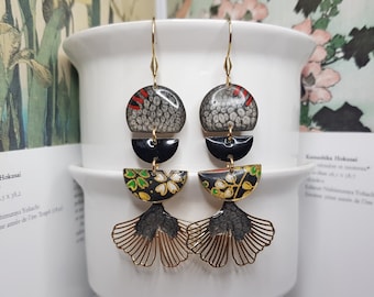 Black earrings, Japanese sakura washi paper, hand painted, cherry blossom, handmade jewelry, women's gift