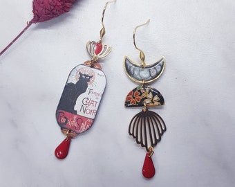 Boucles d'oreilles asymétriques "Chat noir", papier japonais,  peinture et email artisanal, boucles OOAK, bijou fait main, cadeau femme