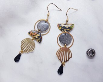 Asymmetrical earrings "Melancholic Beauty", washi paper, handmade jewelry, Christmas gift for women, Japanese jewelry, painting