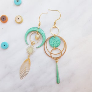 Pastel green asymmetrical earrings, hand painted, handmade jewelry, long earrings image 2