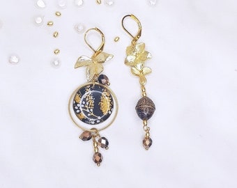 Asymmetrical flower earrings "Féérie", Japanese paper, handmade jewelry, women's gift