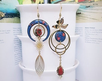 Blue asymmetrical earrings "Lunar Canopy", Czech glass bead, hand painted, handmade jewelry, women's gift
