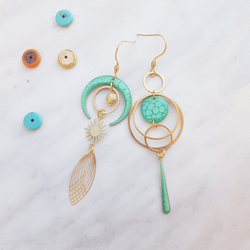 Pastel green asymmetrical earrings, hand painted, handmade jewelry, long earrings image 6