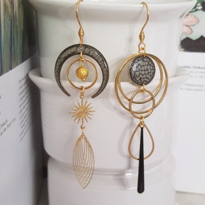 Black asymmetrical earrings, hand painted, handmade jewelry, women's gift image 4