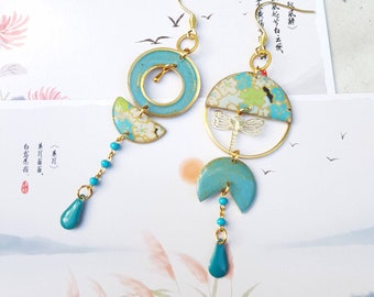 "Sweet Plenitude" asymmetrical earrings, blue Japanese washi paper, hand-painted, handmade jewelry, women's gift
