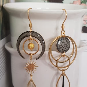 Black asymmetrical earrings, hand painted, handmade jewelry, women's gift image 3