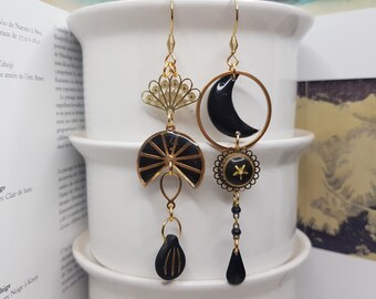 Black asymmetrical earrings "The Flight of Time", hand painted, handmade jewelry, women's gift