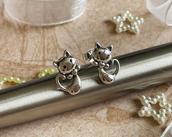 Bow Cat Earrings Cat Jewellery Cat Gift Silver Cat Stud Earrings Cat Lovers