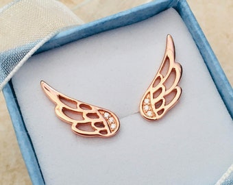 Feathered Wings Earrings Rose Gold Colour Fairy Jewellery Wings Gift Silver Flying Stud Earrings