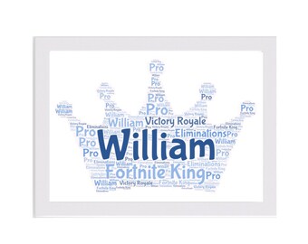 personalised crown word art gamer fortnite themed framed a4 wall art canvas print wall decor children room - fortnite word art