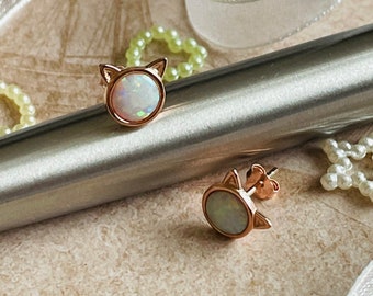 Rose Gold Colour Opal Cat Earrings Cat Jewellery Cat Gift Silver Cat Stud Earrings Cat Lovers