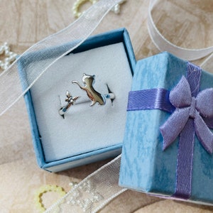 Sterling Silver Cat Adjustable Wrap Ring: Playful Kitty Chasing Butterfly