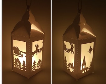Szablon wycinanki z papieru w kształcie latarni świątecznej SVG PNG PDF do natychmiastowego pobrania Plik do wycinania papieru, wycinanki 3D, rzemiosło 3D, renifer Świętego Mikołaja, Boże Narodzenie