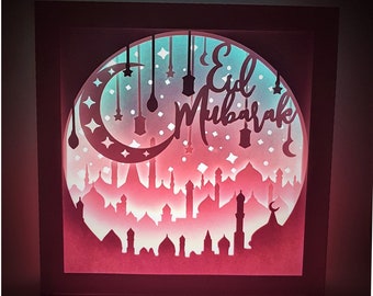 Eid Mubarak Shadow Box Light pappersklippningsmall SVG PNG PDF direktnedladdning Klippfil papperspyssel 3D-skärningar 3D-pyssel Ramadan