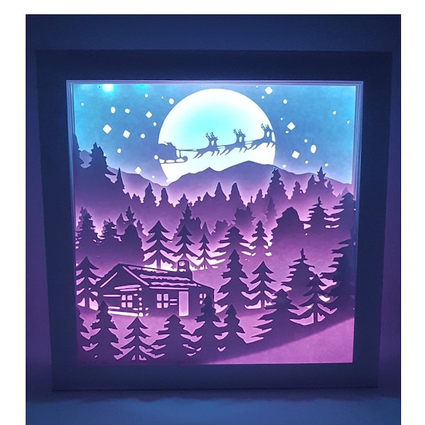 Christmas cabin shadow box SVG PDF PNG paper cutting instant download template Cut file 8x8 Inch 3D Cuts santa clause reindeer lightbox