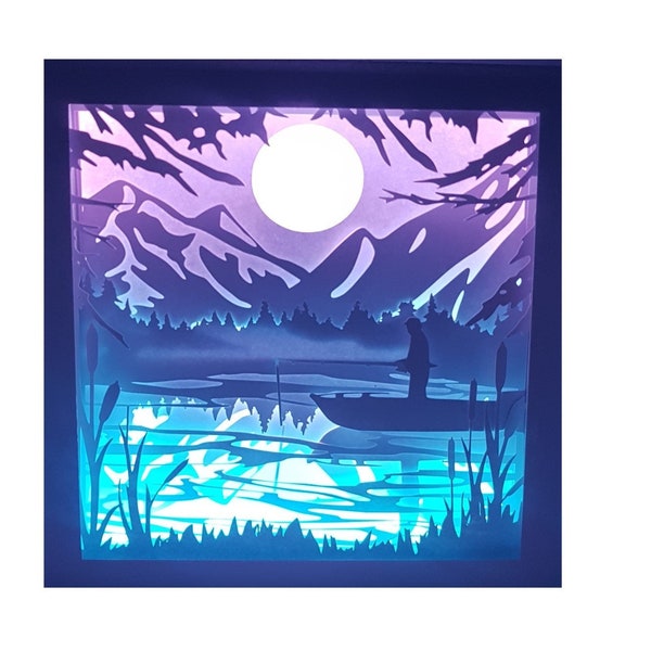 Fishing lake shadow box SVG PDF PNG paper cutting instant download template Cut file 8x8 10x10 12x12