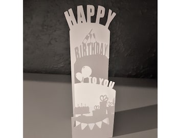 Wszystkiego najlepszego z okazji urodzin składana karta koperta ciasto szampan SVG PDF PNG wycinanie papieru natychmiastowe pobieranie szablonu Wytnij plik Wytnij 3D składane karty rzemiosło