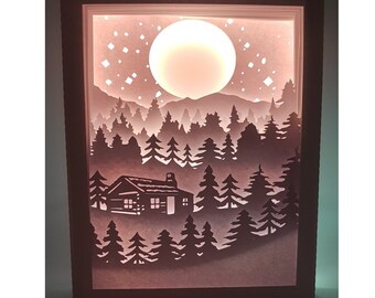 Mountain Forrest Cabin caja de sombras SVG PDF PNG corte de papel plantilla de descarga instantánea Archivo de corte A4 y 8X10 pulgadas 3D Cuts Caja de luz