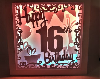 Happy 16th Birthday shadow box SVG PDF PNG paper cutting instant download template Cut file 8x8 10x10 12x12 balloon gift celebrate