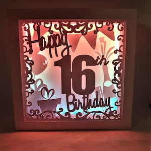 Alles Gute zum 16. Geburtstag Schatten Box SVG PDF PNG Scherenschnitt Sofort-Download-Vorlage Schnittdatei 8x8 10x10 12x12 Ballon Geschenk feiern