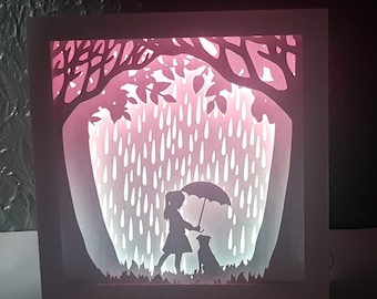 Chica y perro en caja de sombra de lluvia SVG PDF PNG corte de papel plantilla de descarga instantánea Archivo de corte 8x8 10x10 12x12 pulgadas Cortes 3D