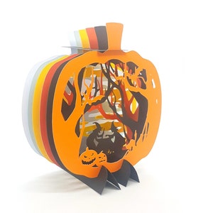 Halloween Witches Soporte de papel 3D SVG PDF PNG corte de papel plantilla de descarga instantánea Cortar archivo decoración Horror Caldero Murciélagos