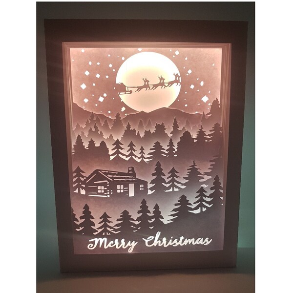 Merry Christmas Cabin shadow box SVG PDF PNG paper cutting instant download template Cut file A4 and 8X10 Inch 3D Cuts Light box santa