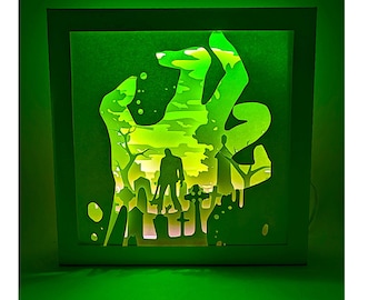 Caixa de sombra de mão de zumbi SVG PDF PNG Halloween corte de papel download instantâneo modelo Arquivo de corte 8 x 8 polegadas Cortes 3D Caixa de luz Machado de cemitério