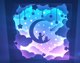 Baby on Moon shadow box SVG PDF PNG paper cutting instant download template Cut file 8x8 10x10 12x12 Nursery Baby shower