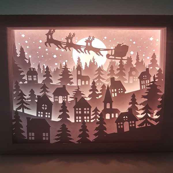 Santa Town Christmas shadow box SVG PDF PNG paper cutting instant download template Cut file A4 and 8X10 Inch 3D Cuts Reindeer Light box