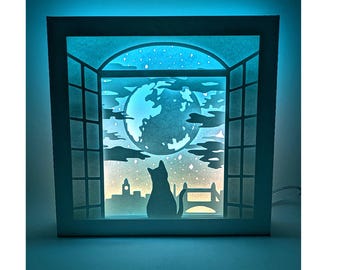 Caja de sombras de ventana de gato SVG PDF PNG corte de papel plantilla de descarga digital instantánea Archivo de corte 8x8 10x10 12x12 Manualidades Papel en capas Regalo para ella
