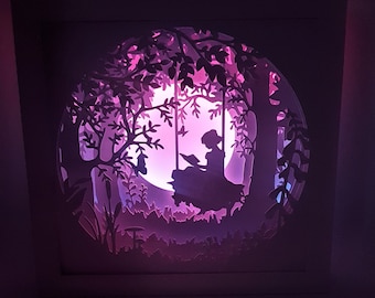 Girl reading in woods forest shadow box SVG PDF PNG paper cutting instant download template Cut file 8x8 10x10 12x12 Inch 3D Cuts princess