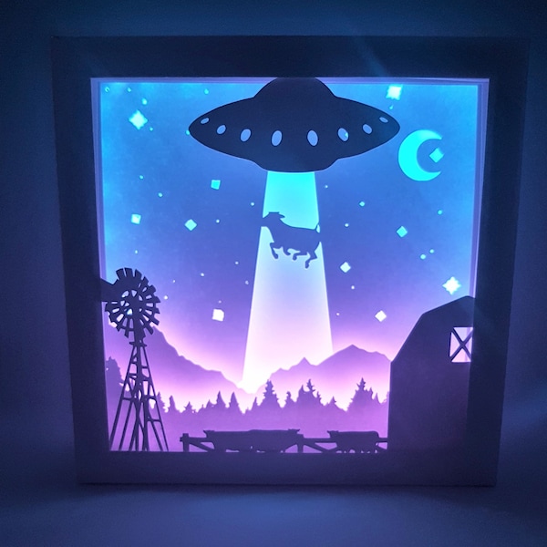 UFO Cow abduction shadow box SvG PDF PNG paper cutting instant download template Cut file 8x8 10x10 12x12 Inch 3D Cuts Alien spaceship UFO Cow abduction shadow box SvG PDF PNG paper cutting instant download template Cut file 8x8 10x10 12x12 Inch 3D Cuts Alien spaceship
