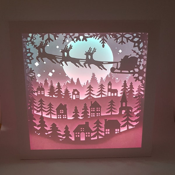 Christmas Santa town shadow box SVG PDF PNG paper cutting instant download template Cut file 8x8 Inch 3D Cuts santa clause reindeer lightbox