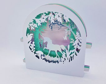 Karta z tunelem jednorożca Pop-up SVG PDF PnG wycinanie papieru natychmiastowe pobieranie szablonu Plik do cięcia 3D Cięcie Warstwowe rzemiosło papierowe urodziny dzieci