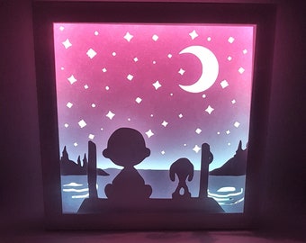 Boy and dog fishing shadow box SVG PDF PNG paper cutting instant download template Cut file 8x8 10x10 12x12