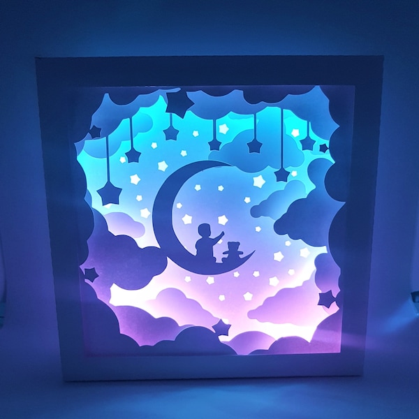 Baby on Moon shadow box SVG PDF PNG paper cutting instant download template Cut file 8x8 10x10 12x12 Nursery Baby shower