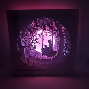 Girl reading in woods forest shadow box SVG PDF PNG paper cutting instant download template Cut file 8x8 10x10 12x12 Inch 3D Cuts princess