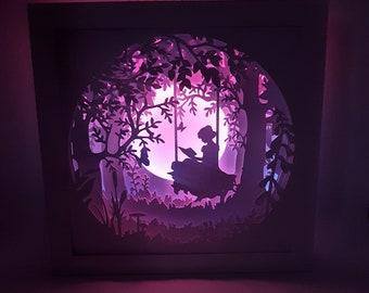 Dziewczyna czytająca w lesie, cień w polu SVG, PDF, PNG, wycinanka, natychmiastowe pobranie, szablon, plik do wycinania 8x8, 10x10, 12 x 12 cali, wycinanki 3D, księżniczka